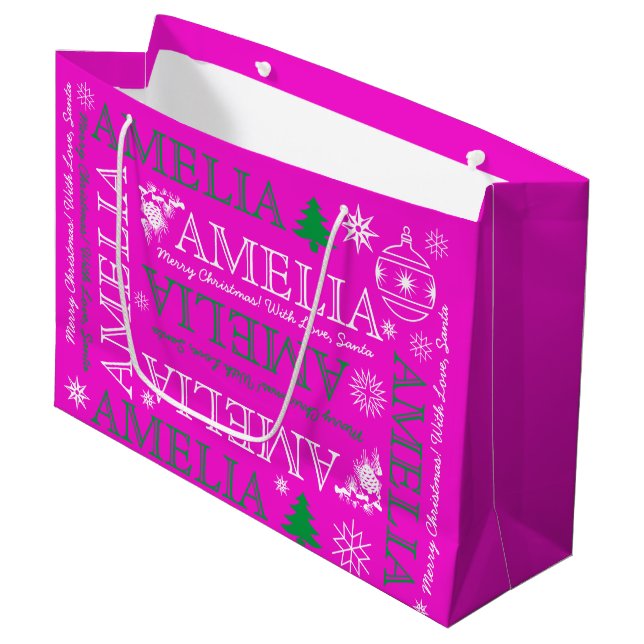 Name mit 6 Buchstaben Modernes Pink Weihnachtsmust Große Geschenktüte (Vorderseite Schrägansicht)