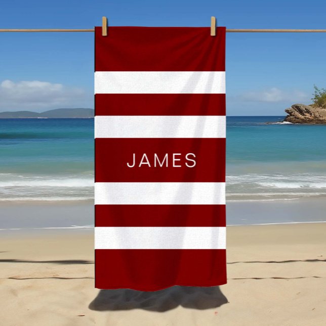 Name Modern Burgundy Striping Muster Strandtuch (Name Modern Burgundy Striped Pattern Beach Towel)