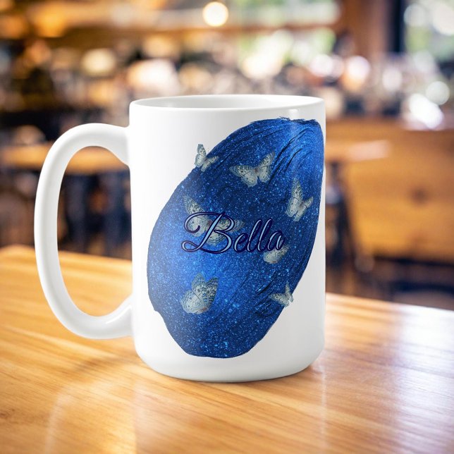 Name Modern Shining Royal Blue mit Schmetterlingen Kaffeetasse (Von Creator hochgeladen)