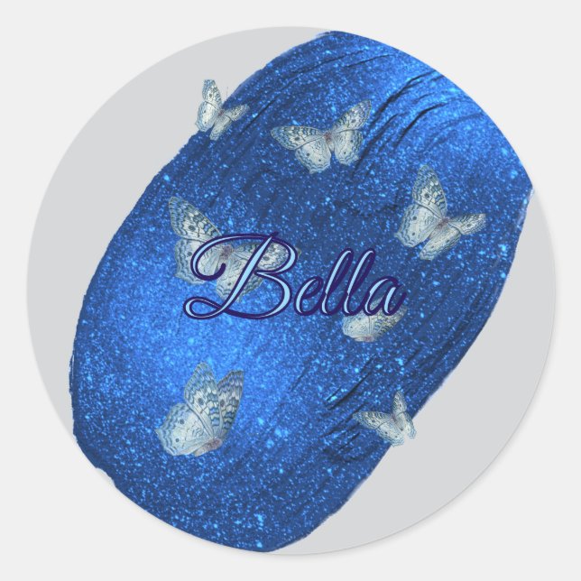 Name Modern Shining Royal Blue mit Schmetterlingen Runder Aufkleber (Vorderseite)