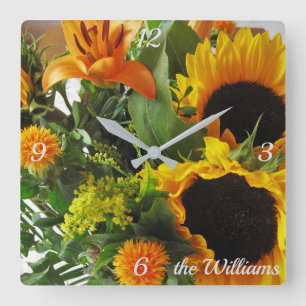 Name, Moderne Sonnenblumen Druck Quadratische Wanduhr