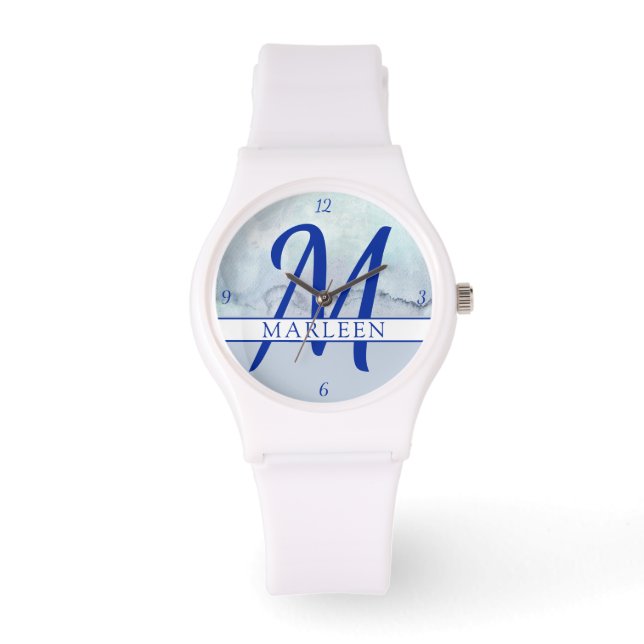 Name | Monogram Blue Watercolor Armbanduhr (Vorderseite)