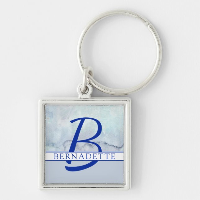 Name | Monogram Blue Watercolor Schlüsselanhänger (Vorne)