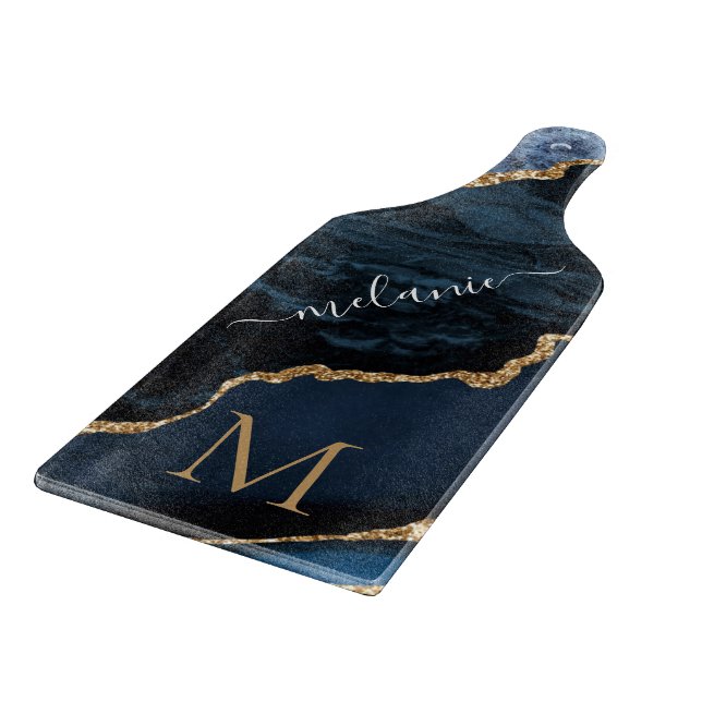 Name Monogram Cutting Board Agate Blue Gold Marmor Schneidebrett (Ecke)