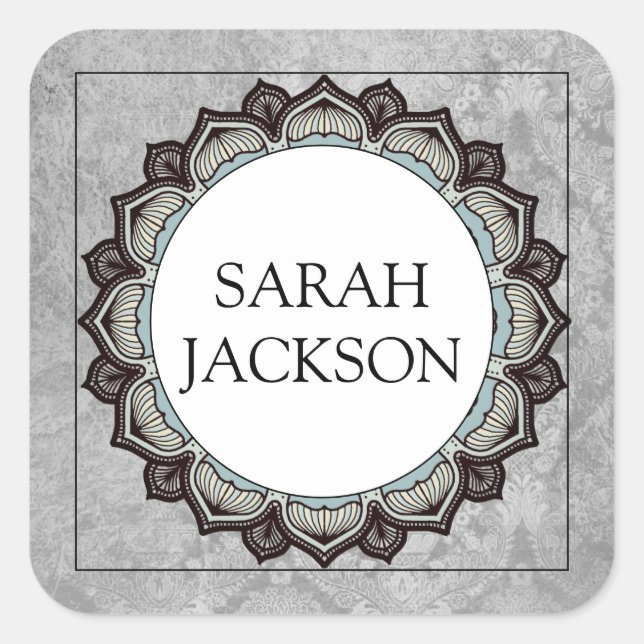 Name Monogram Decorative Stylized Floral Edge Grau Quadratischer Aufkleber (Vorderseite)
