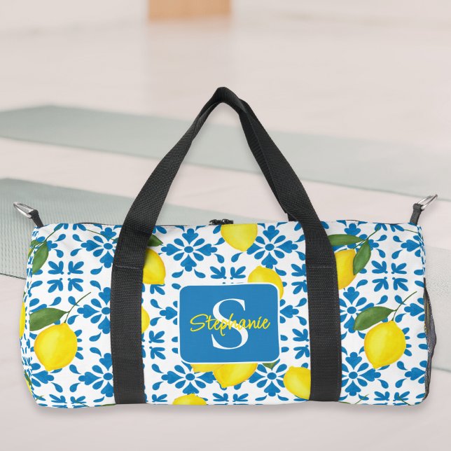 Name Monogram French Country Tile Lemons Pattern Duffle Bag (Von Creator hochgeladen)