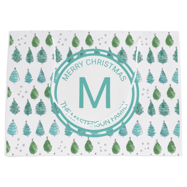 Name Monogram Frohe Weihnachtsbaumen Grün Große Geschenktüte (Vorderseite)