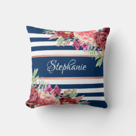 Name Monogram für Burgundy Floral Stripes Kissen