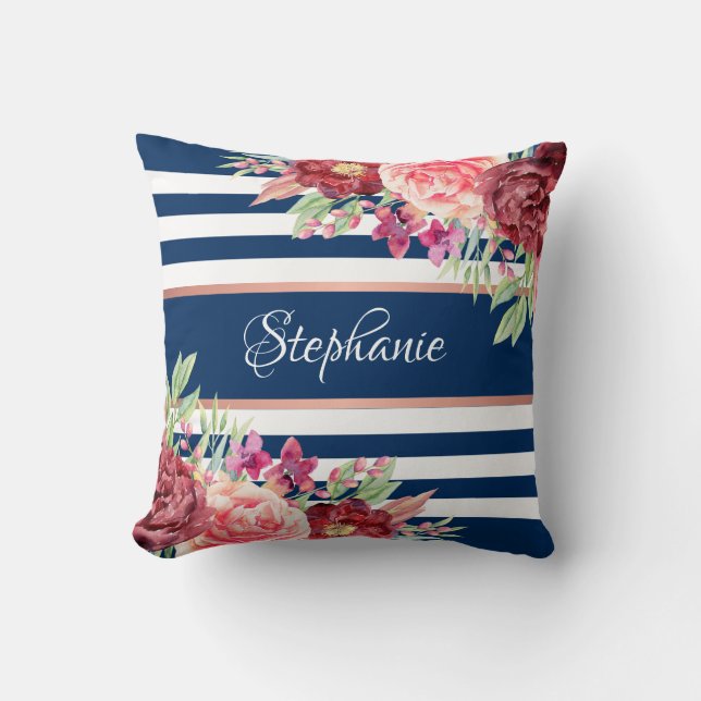 Name Monogram für Burgundy Floral Stripes Kissen (Vorderseite)