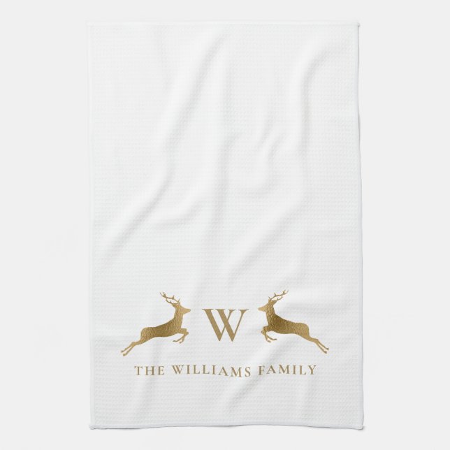 Name Monogram Gold Deer Geschirrtuch (Vertikal)