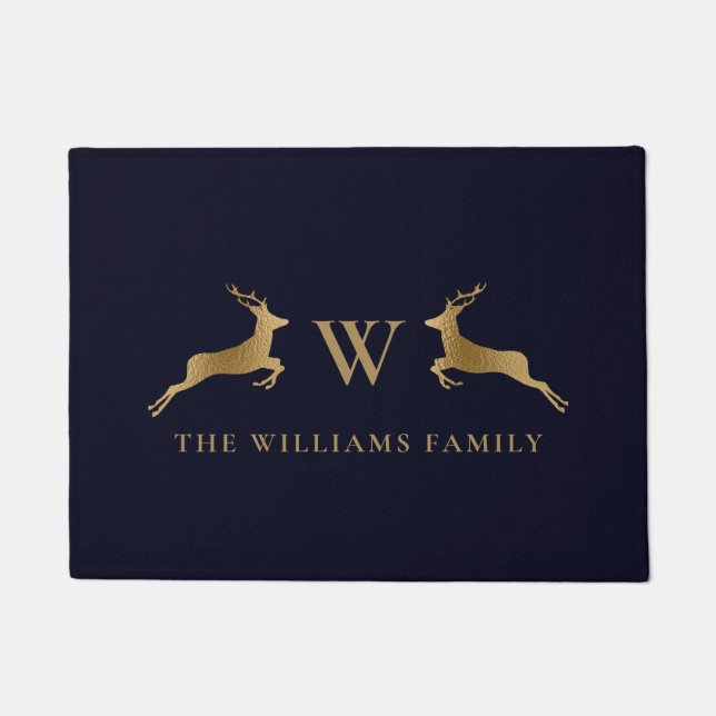 Name Monogram Gold Deer Midnight Navy Fußmatte (Vorderseite)