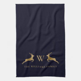 Name Monogram Gold Deer Midnight Navy Geschirrtuch