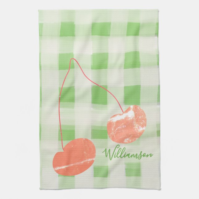 Name Monogram Karo Gingham Pastel Green Cherry Geschirrtuch (Vertikal)