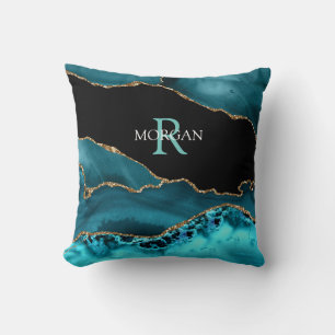 Name & Monogram Lt Teal White, Teal Blk Gold Agate Kissen