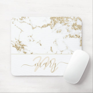 Name Monogram Marble Gold Elegant Weiß Abstrakt Mousepad