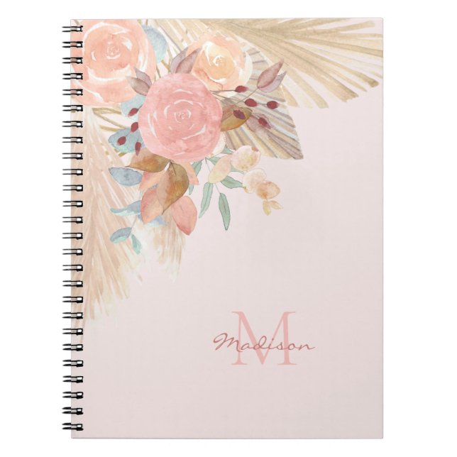 Name Monogram Pampas Grass Rose Gold Florals Notizblock (Vorderseite)