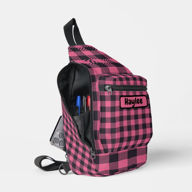 Name Monogram Pink & Black Buffalo Kariert | Crossbody Bag (Offen)