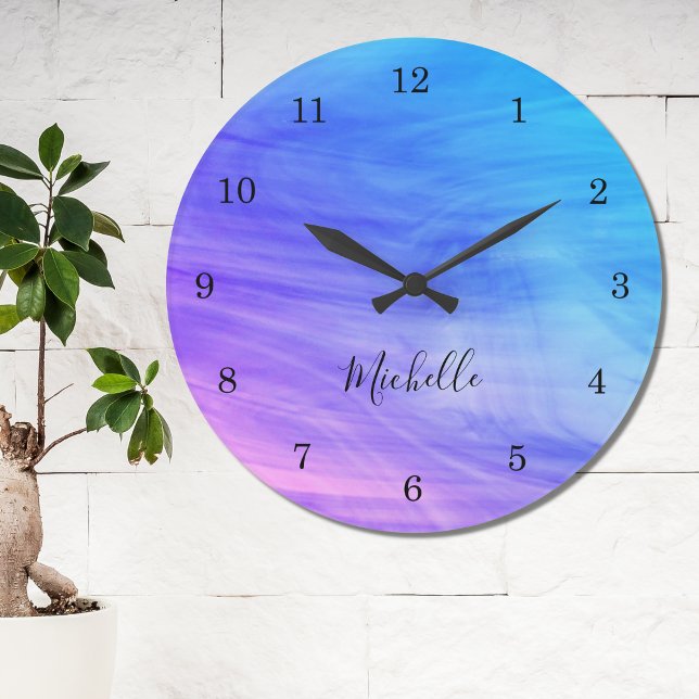 Name Monogram Pink Purple Blue Large Clock Große Wanduhr (Von Creator hochgeladen)