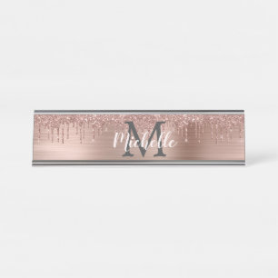 Name Monogram Pink Rose Gold Glitzer Drilling  Schreibtischnamensplakette