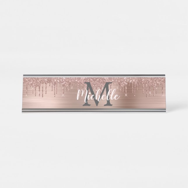 Name Monogram Pink Rose Gold Glitzer Drilling Schreibtischnamensplakette (Vorderseite )