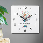 Name Monogram Rainbow Tree Square Wall Clock Quadratische Wanduhr<br><div class="desc">This stylish Wall Clock is decorated with a colorful mosaic tree.
Easily customizable with your name or monogram.
Because we create our own artwork you won't find this exact image from other designers.
Original Mosaic © Michele Davies.</div>