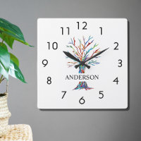 Name Monogram Rainbow Tree Square Wall Clock