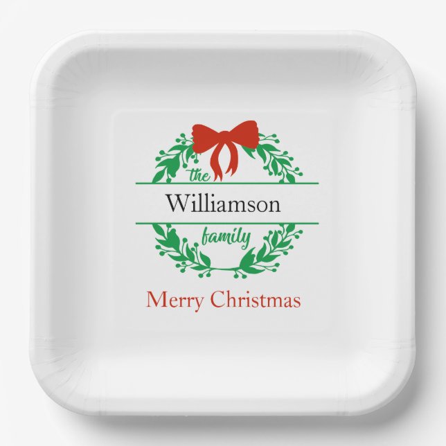 Name Monogram Red Green Christmas Pappteller (Vorderseite)