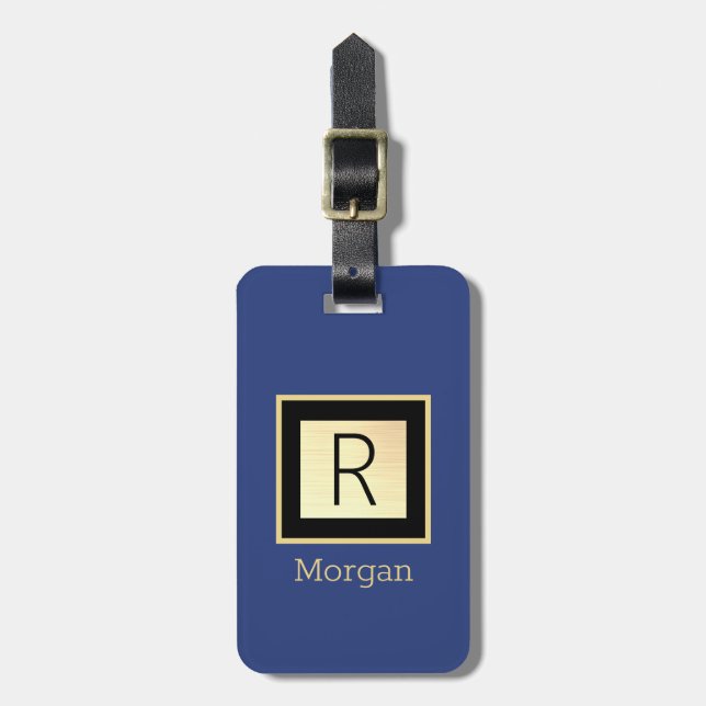 Name & Monogramm, Black & Gold Box, Deep Blue Gepäckanhänger (Vorderseite vertikal)