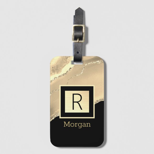 Name & Monogramm, Black & Gold Box und Agate Gepäckanhänger (Vorderseite Vertikal)