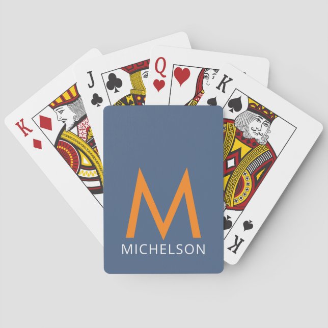 Name + Monogramm Denim Blue und Orange Personalisi Spielkarten (Rückseite)
