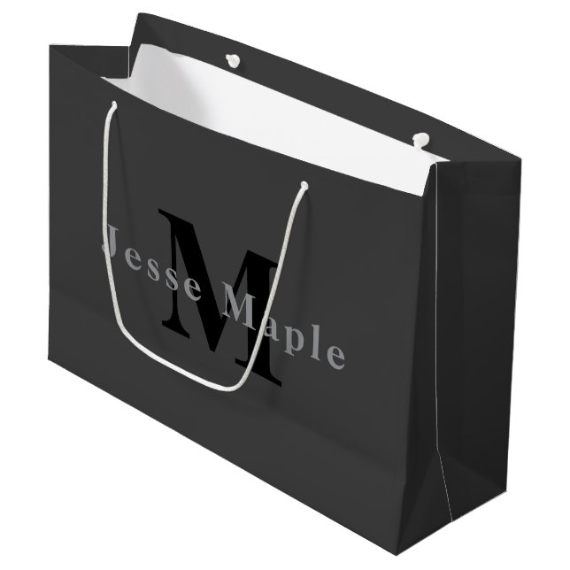 Name & Monogramm | Dunkelgrau Große Geschenktüte (Vorderseite Schrägansicht)