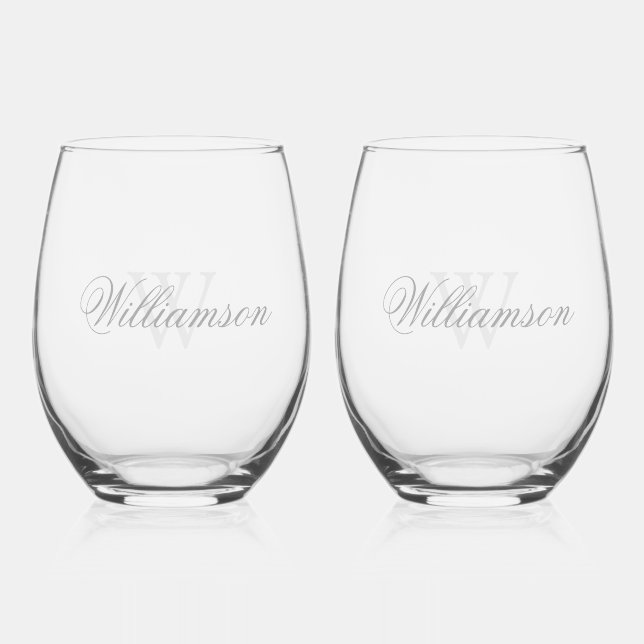 Name & Monogramm in Grau Weinglas Ohne Stiel (Vorderseite)