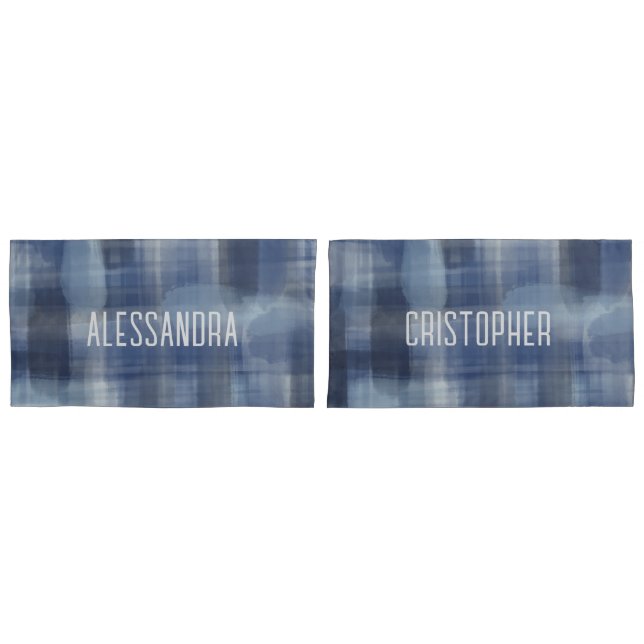 Name Monogramm Marineblau Aquarell kariert Kissenbezug (Vorderseite-Set)