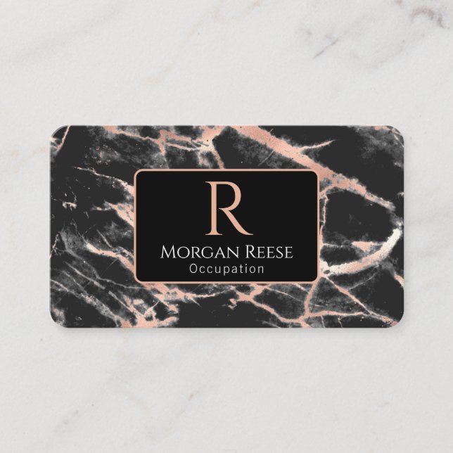 Name & Monogramm, QR-Code, Gold-Marmor aus Schwarz Visitenkarte (Vorderseite)