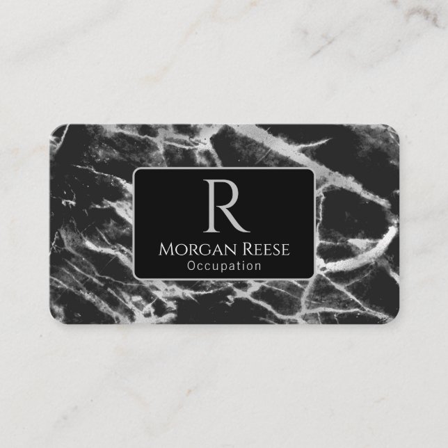 Name & Monogramm, QR-Code, Schwarz/Grau-Marmor Visitenkarte (Vorderseite)