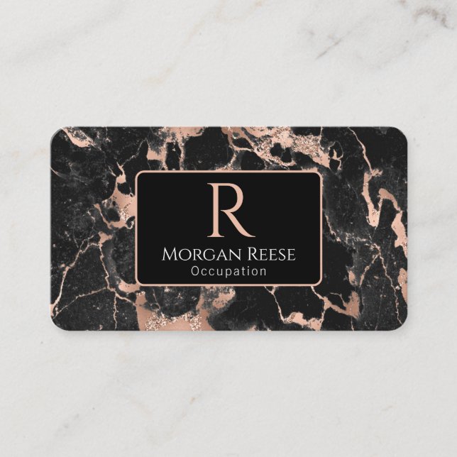 Name/Monogramm, QR-Code, Schwarz/Roségold Marmor V Visitenkarte (Vorderseite)