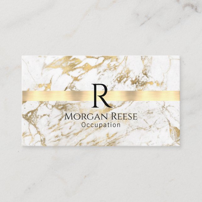 Name & Monogramm, QR-Code, weißes und goldenes Mar Visitenkarte (Vorderseite)