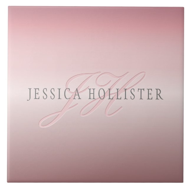Name & Monogramm | Sanfter falscher Rosen-Gold-Blu Fliese (Vorderseite)