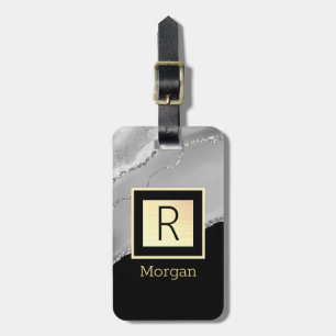 Name & Monogramm, Schwarz & Gold Box, Silver Agate Gepäckanhänger