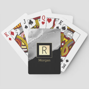 Name & Monogramm, Schwarz & Gold Box, Silver Agate Spielkarten