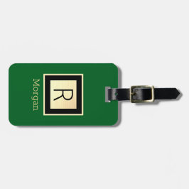 Name & Monogramm, schwarze & goldene Box, Waldgrün Gepäckanhänger