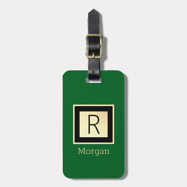 Name & Monogramm, schwarze & goldene Box, Waldgrün Gepäckanhänger (Vorderseite vertikal)