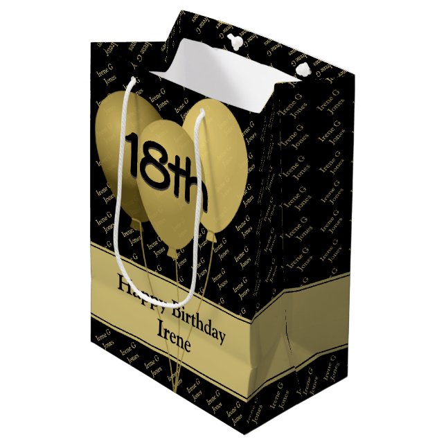 Name-Muster - Gold/schwarze Ballone Mittlere Geschenktüte (Vorderseite Schrägansicht)