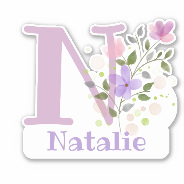 Name Natalie plus Initial mit Blumendesign Aufkleber (Vorderseite)