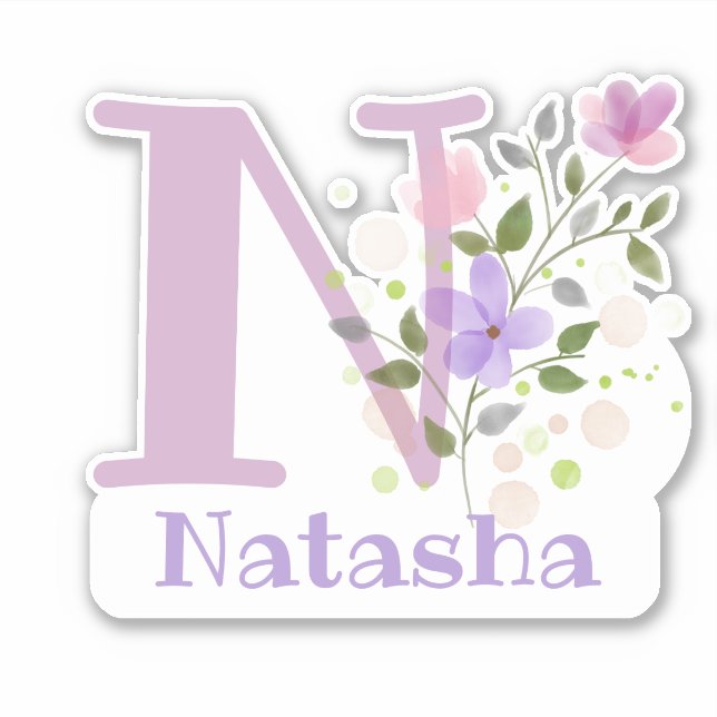 Name Natasha & Initial mit Blumendesign Aufkleber (Vorderseite)