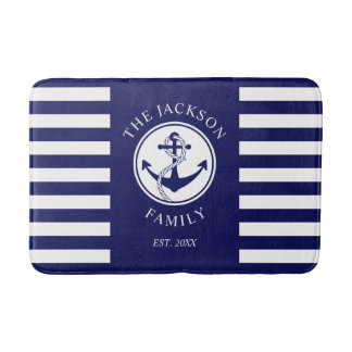 Name Nautic Anchor Blue Stripes Muster Badematte