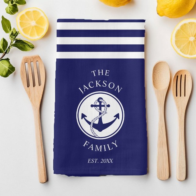 Name Nautic Anchor Blue Stripes Muster Geschirrtuch (Family Name Navy Blue Nautical Anchor Kitchen Towel)