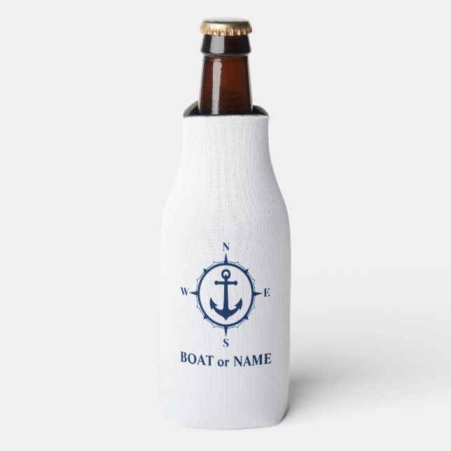 Name Nautical Anchor Compass Navy auf Weiß Flaschenkühler (Flaschenvorderseite)