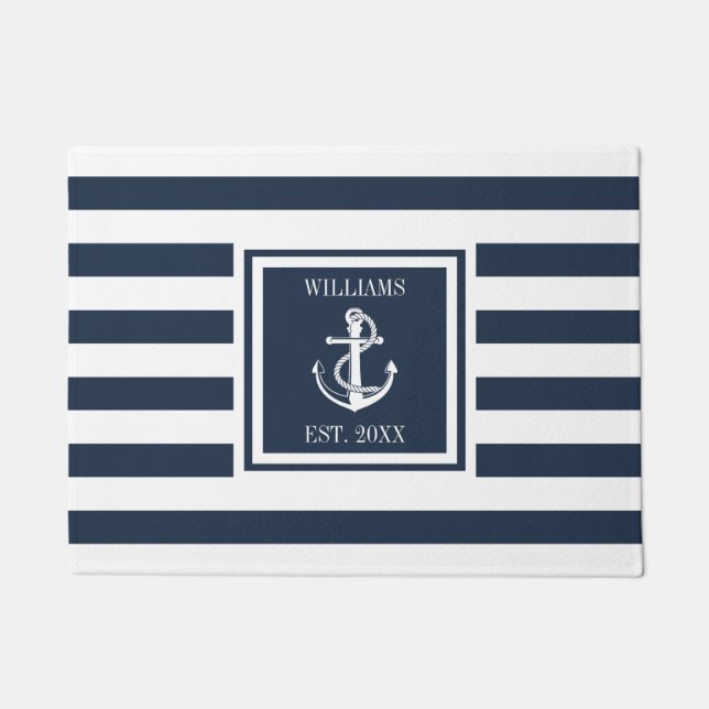 Name Nautical Boat Anchor Navy Blue Strip Fußmatte (Vorderseite)