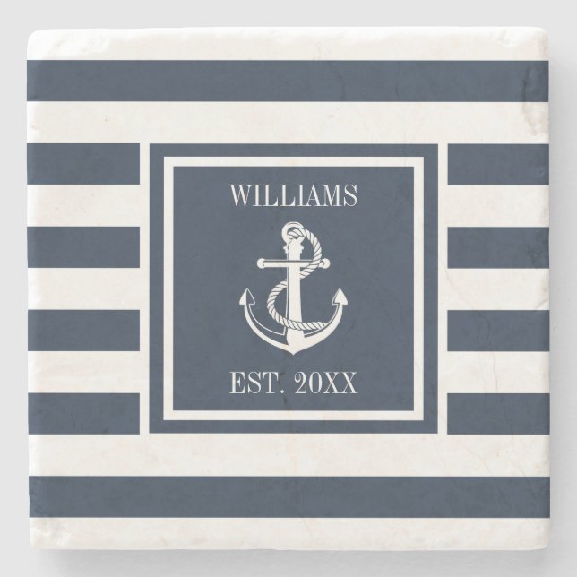 Name Nautical Boat Anchor Navy Blue Strip Steinuntersetzer (Vorderseite)